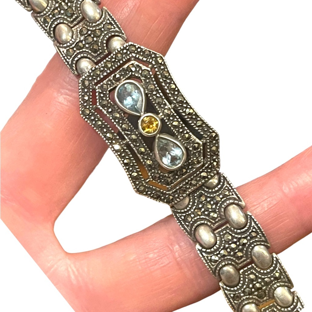 Stunner vintage 925 Sterling silver Topaz Citrine Marcasite Fancy Heavy bracelet